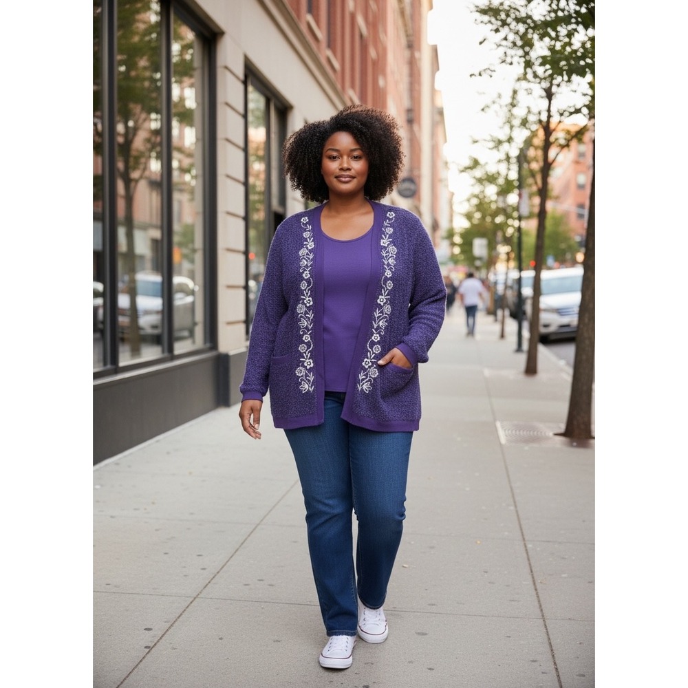 Vintage CD Daniels Purple Floral Embroidered Cardigan Sweater Set Plus Size 3X